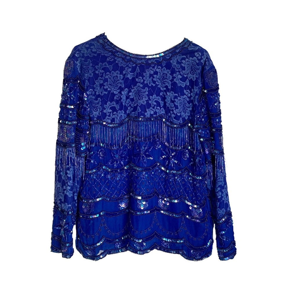 Vintage Intricately Beaded, Laced, and Sequin Bling Long Sleeve Blue Blouse Top